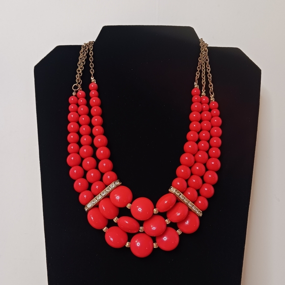 Red 3 Strand Beaded Layered Statement Necklace With Rhinestones 80s Vintage - Picture 6 of 9